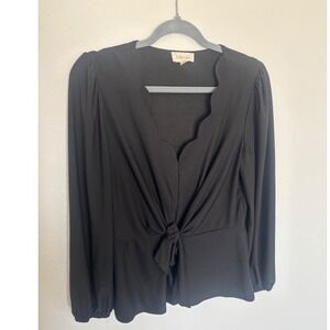 Meraki Black Scalloped V-Neck Tie Front Peplum Blouse Long Sleeve Small